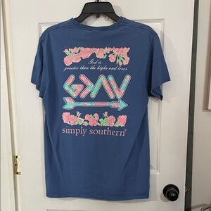 Simply Southern Blue Tee with Floral Accents "God is greater...". Size M